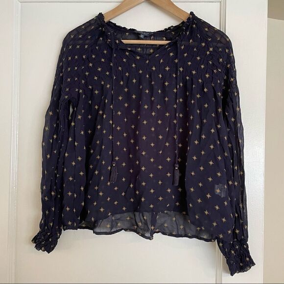 Lucky Brand women's long sleeve woven smocked peasant top navy w/ gold s… - Picture 7 of 11